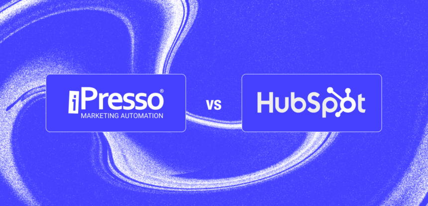 SystemsAlternatives A blue background graphic featuring a comparison between the iPresso marketing automation platform and HubSpot, highlighting a choice between European data sovereignty and global enterprise software.