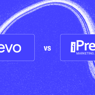 A blue background comparison graphic featuring Brevo and iPresso, representing the transition from email-focused transactional platforms to advanced enterprise-grade customer data platforms (CDP) and omnichannel marketing automation.