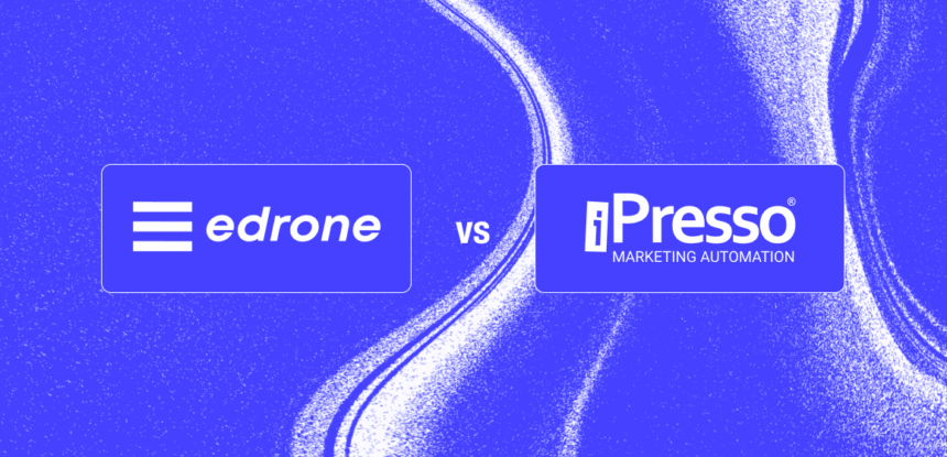 SystemsAlternatives - iPresso vs. edrone A blue background comparison graphic showing edrone and iPresso, representing the choice between entry-level e-commerce automation and advanced enterprise marketing systems.