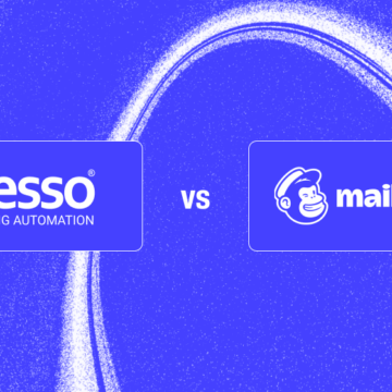 A blue background comparison graphic featuring Mailchimp and iPresso, representing the professional migration from basic email marketing tools to advanced enterprise-grade Customer Data Platform (CDP) and omnichannel marketing automation.