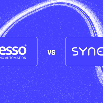 A blue background graphic featuring iPresso and Synerise, representing the choice between marketing-led automation platforms and data-science-heavy enterprise systems.