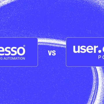 A blue background comparison graphic featuring iPresso and user.com, representing the choice between "all-in-one" customer interaction tools and enterprise-grade Customer Data Platforms (CDP) for high-volume, data-complex businesses.