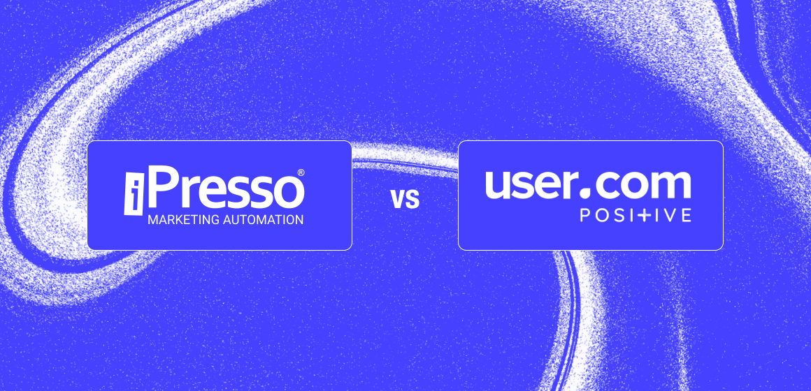 SystemsAlternatives - iPresso vs. user (1) A blue background comparison graphic featuring iPresso and user.com, representing the choice between "all-in-one" customer interaction tools and enterprise-grade Customer Data Platforms (CDP) for high-volume, data-complex businesses.